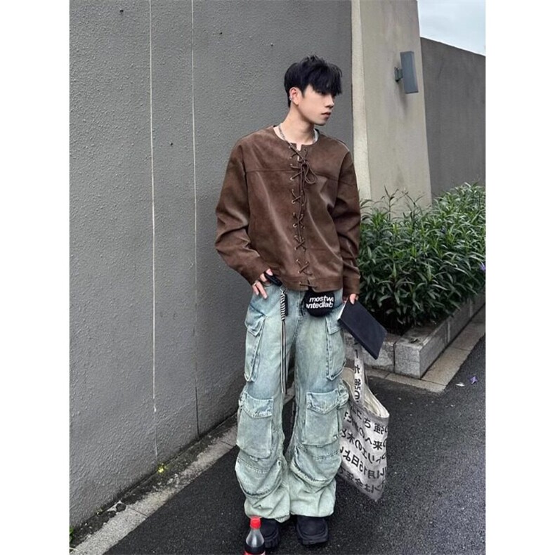 棕色抽绳对襟皮衣外套高级感痞帅小众设计机车夹克JK344特P75,男装夹克,星座908-1
