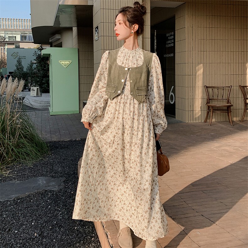 春季新款碎花牛仔拼接泡泡袖长连衣裙,女装连衣裙,来米儿