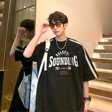 美式拼接t恤男短袖夏季薄款字母复古半袖衣服潮牌圆领宽松五分袖，男装T恤，星座506A