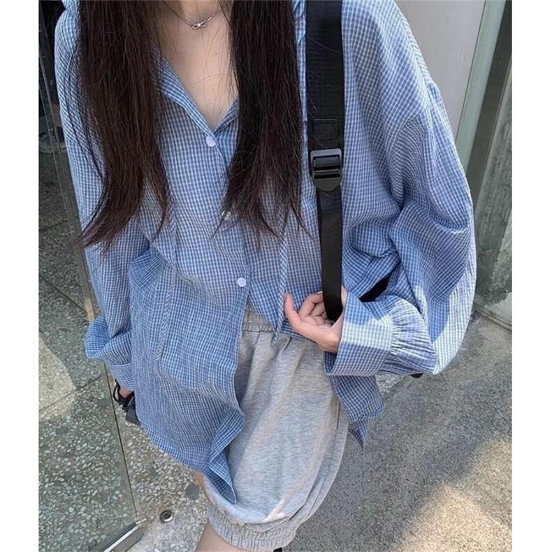 法式蓝色格纹连帽衬衫灯笼袖夏季休闲长袖上衣宽松慵懒防晒C126,男装防晒衣,星座1116A（原606A-3）