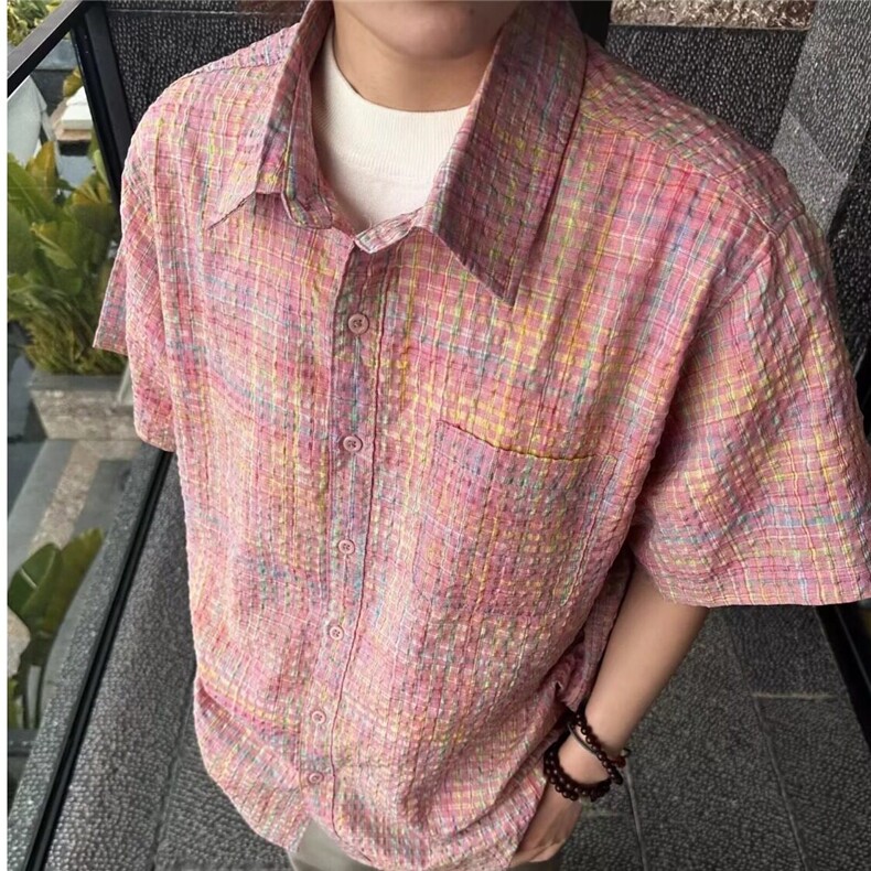 粉色泡泡格子休闲短袖衬衫潮牌复古撞色宽松翻领外套男痞帅衬衣潮,男装T恤,星座218-1（原230）