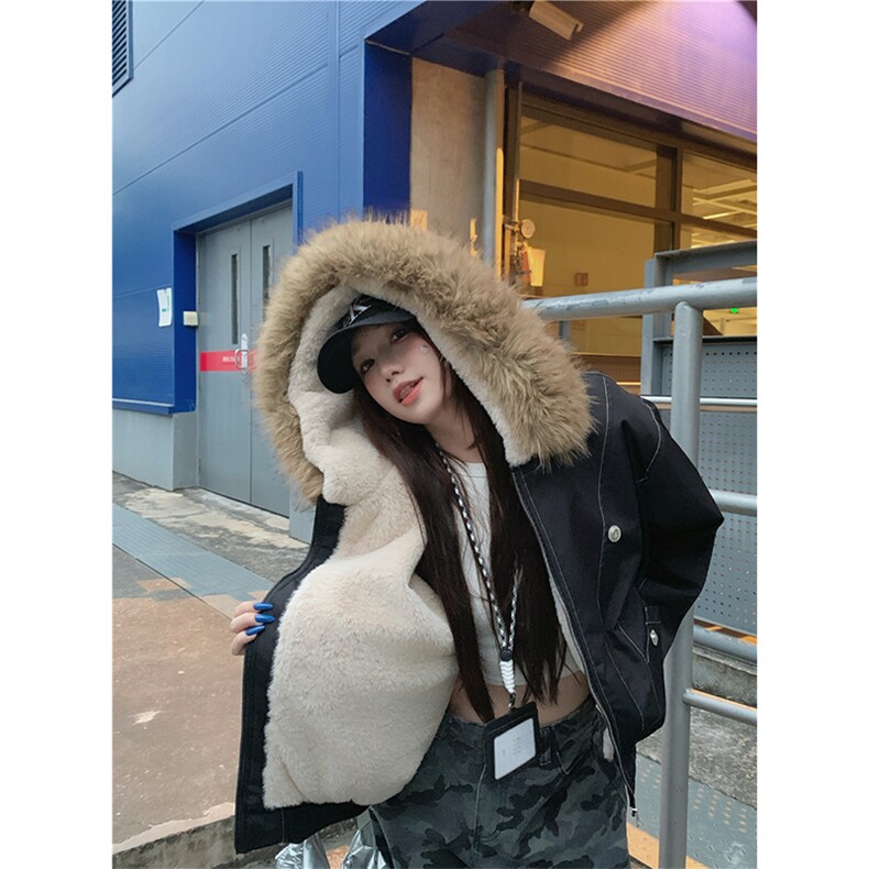 现货重磅boxy短款棉衣座山雕大毛毛领男女棉服水洗工装厚外套,男装棉衣,电商A486