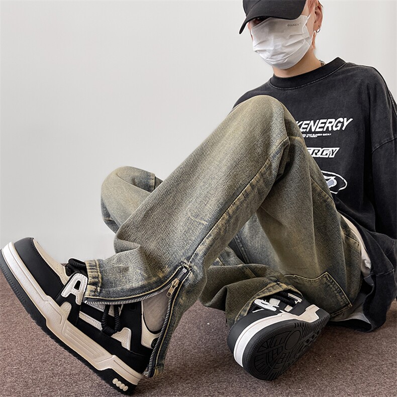 美式ins高街hiphop拉链直筒重工艺水洗牛仔裤货号K685P55图片