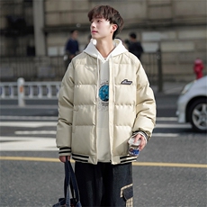 条纹拼接黑色皮棉衣男款冬季加厚美式pu皮棉服潮牌痞帅棒球服外套，男装棉衣，电商A028