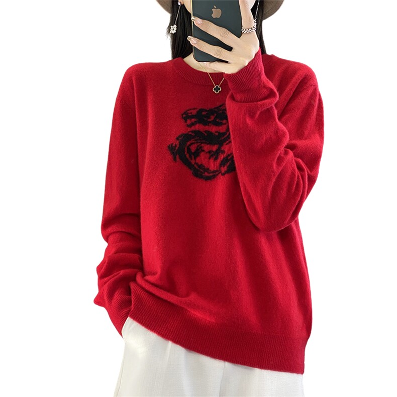 时尚潮流通勤常规2024年秋冬季新款圆形龙图案羊毛圆领羊毛衫,女装羊毛衫,丽特绒