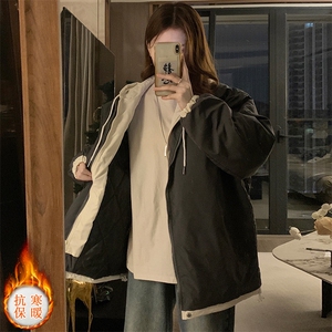 加绒加厚假两件美式复古外套新款oversize宽松休闲夹克潮C465-100图片