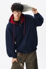8XL-M秋连帽卫衣男宽松休闲纯色拉链开衫外套拼色帽衫运动WY27P65，女装短外套，电商D206-1
