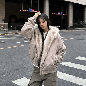 现货高品质美式高街冬季重磅硬挺短款座山雕毛领棉衣男女加厚外套图片