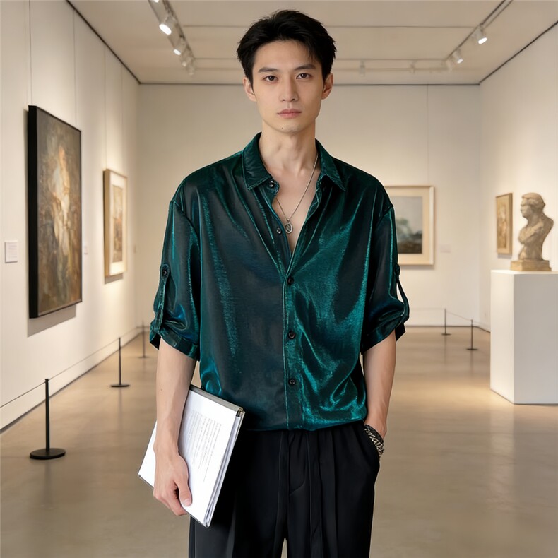 男尚夏季轻奢渐变设计师款液态彩色波光垂感透气宽松五分袖衬衫男,男装T恤,星座506A
