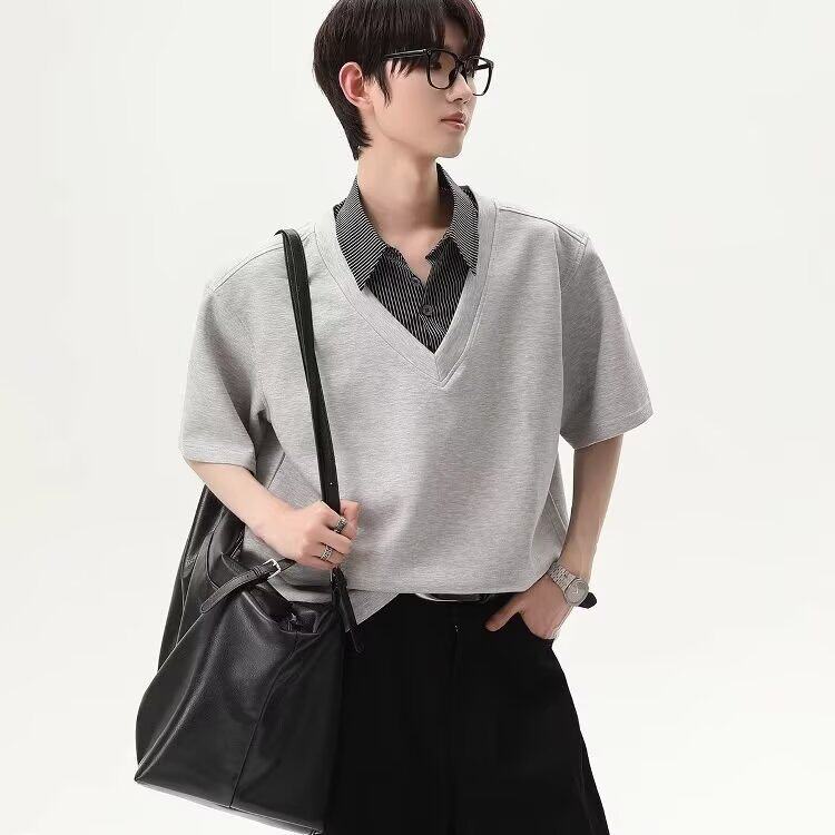 T71假两件格子polo衫短袖t恤男新款美式复古拼接衬衫领上衣，男装T恤，星座308A-1（原309B-1）