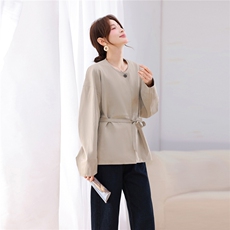 休闲复古中长款PU皮外套圆领腰带收到风衣外套，女装皮衣，鑫源服饰