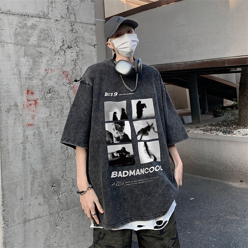 B239-1076-P38复古水洗做旧六宫格印花高街重磅落肩袖短袖T恤,男装T恤,星座514-2(原B239)