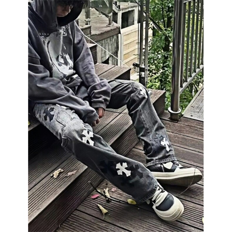 高街刺绣十字架长裤牛仔裤男街头复古水洗嘻哈休闲长裤NS33,男装牛仔裤,星座1116A（原606A-3）