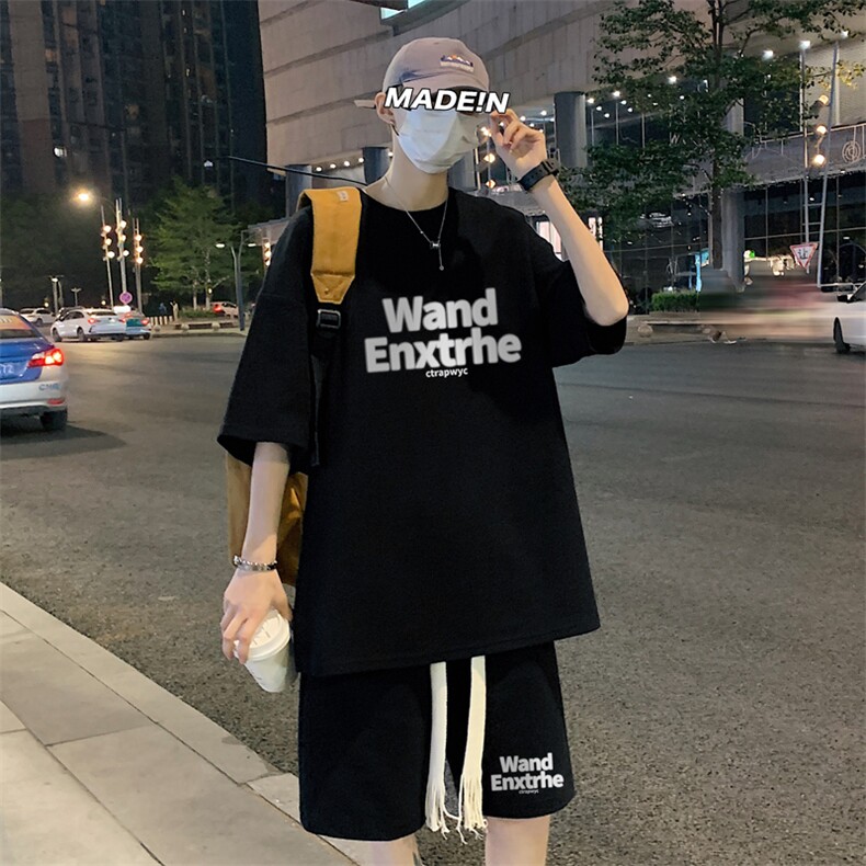 套装！夏季华夫格套装男T恤短裤男两件套大码港风TZ56-P50图片