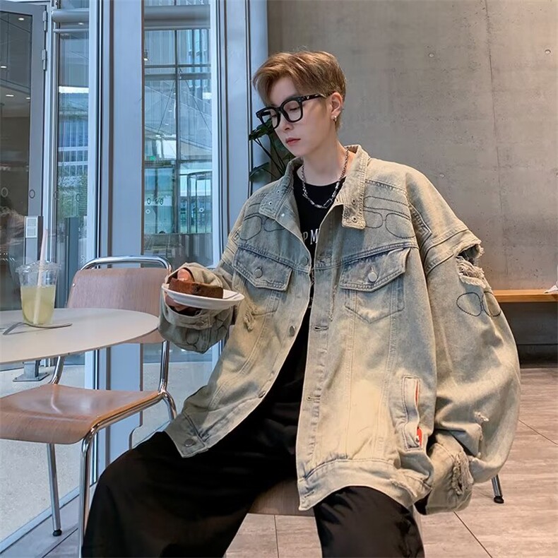 做旧破洞牛仔夹克男款春秋季潮牌设计感上衣重磅美式复古工装外套,男装夹克,星座410-7