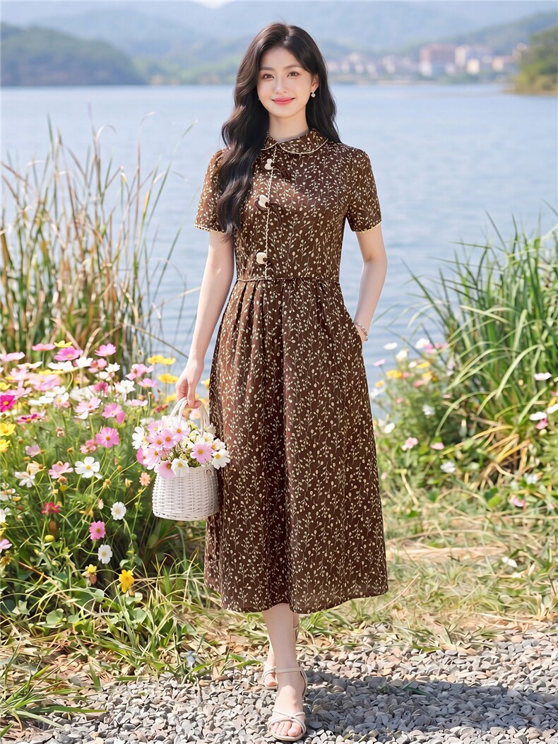 全棉碎花连衣裙夏季新款收腰显瘦田园风优雅裙子,女装连衣裙,水衣源