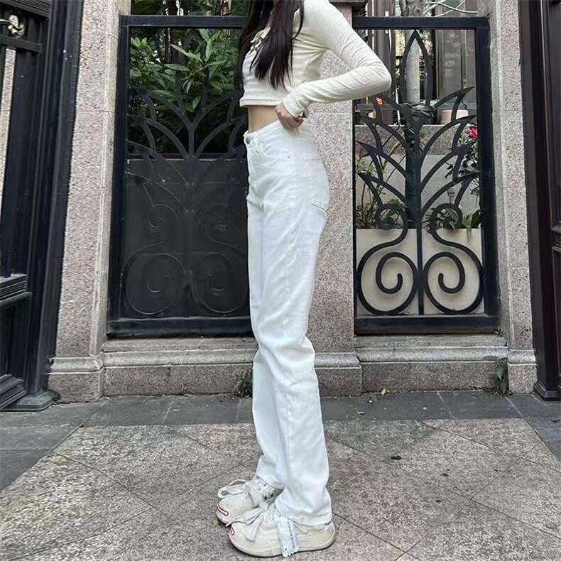 白色窄版阔腿直筒牛仔裤女2025春季新款高腰显瘦加长堆堆烟管裤子,男装牛仔裤,星座506A