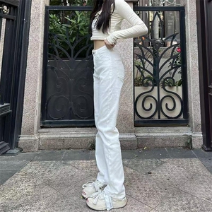 白色窄版阔腿直筒牛仔裤女2025春季新款高腰显瘦加长堆堆烟管裤子图片