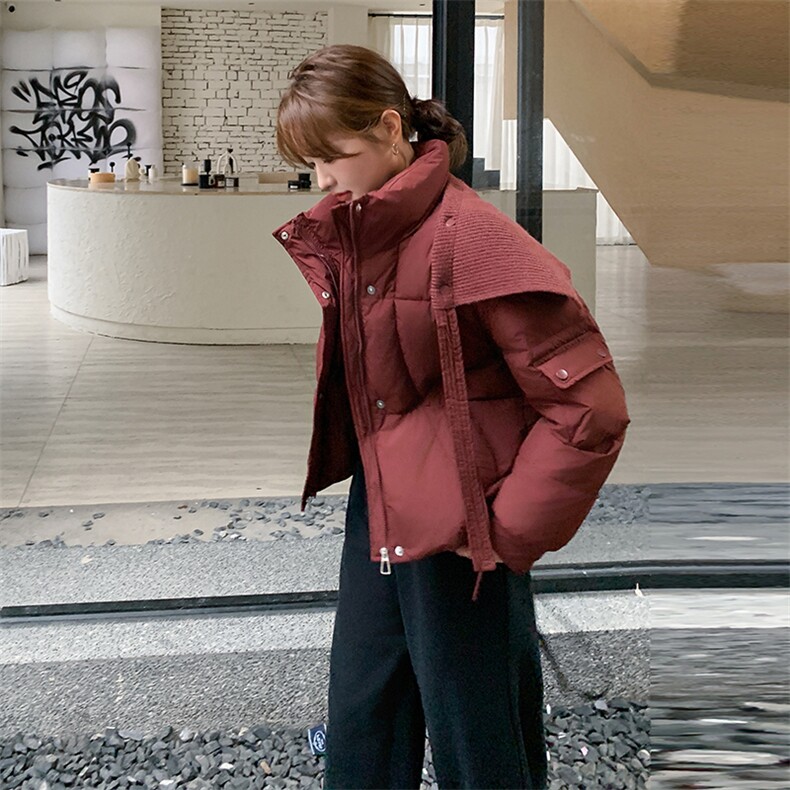 红色高级感气质短款羽绒服女冬季针织披肩设计感白鸭绒保暖外套潮,女装短外套,灵力轩