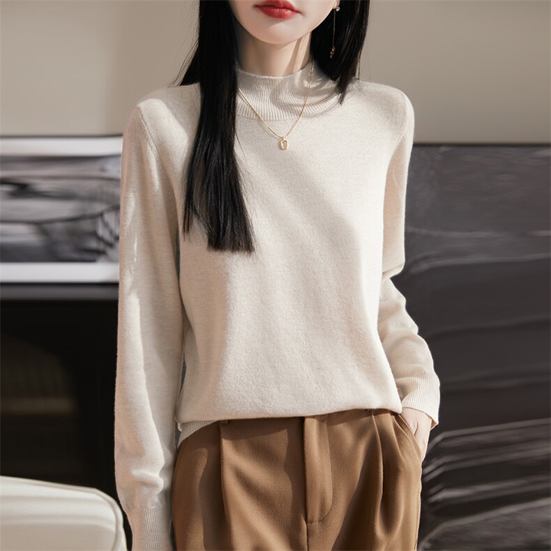 2025新款圆领针织衫女套头纯色宽松气质通勤简约长袖内搭打底上衣，女装羊毛衫，朝思羊绒