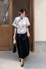 黑白新中式国风复古水墨画套装裙女2025夏季新款上衣半身裙两件套，女装套装/套裙，2C029