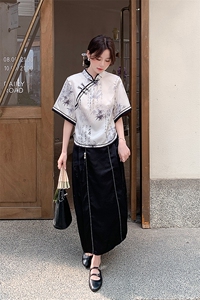 黑白新中式国风复古水墨画套装裙女2025夏季新款上衣半身裙两件套图片