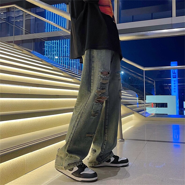 高街做旧水洗破洞牛仔裤潮牌ins街头男女宽松直筒休闲裤NK07-P43,男装牛仔裤,星座1008
