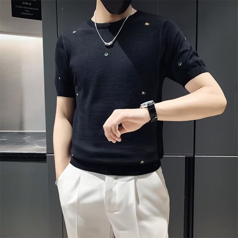 男士绣花针织衫半袖时尚圆领紧身半截袖丝光棉短袖毛衣 M865图片