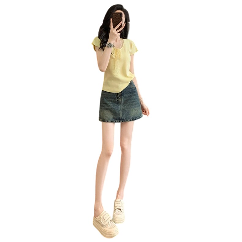 慵懒风时尚套装裙女夏季新款蕾丝拼接蝴蝶结针织衫牛仔短裙两件套,女装套装/套裙,江南