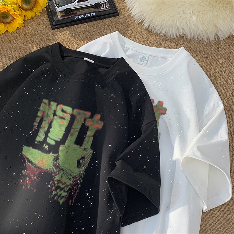 可48小时发货支持抖音得物来样二开美式满天星亮片短袖T恤MTX659,男装T恤,电商A486-1