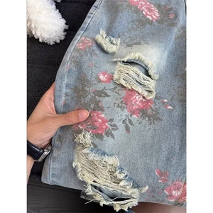 1014-1-KZ1331-P45-满印玫瑰花朵牛仔裤男款秋季美式复古裤子图片