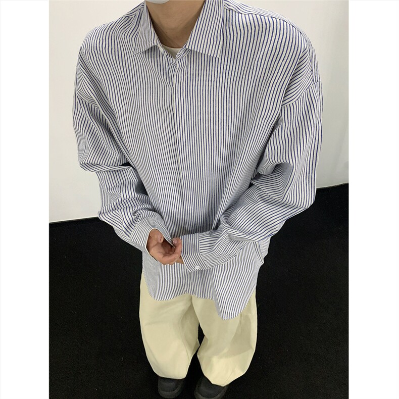 美式黑白条长袖衬衫加厚版本C5889-特P28蓝色,男装衬衫,电商A094