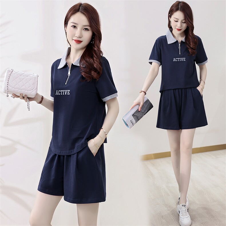 纯棉运动女2025夏季新款宽松翻领半拉链短袖短裤休闲服，女装运动套装，凯瑟曼