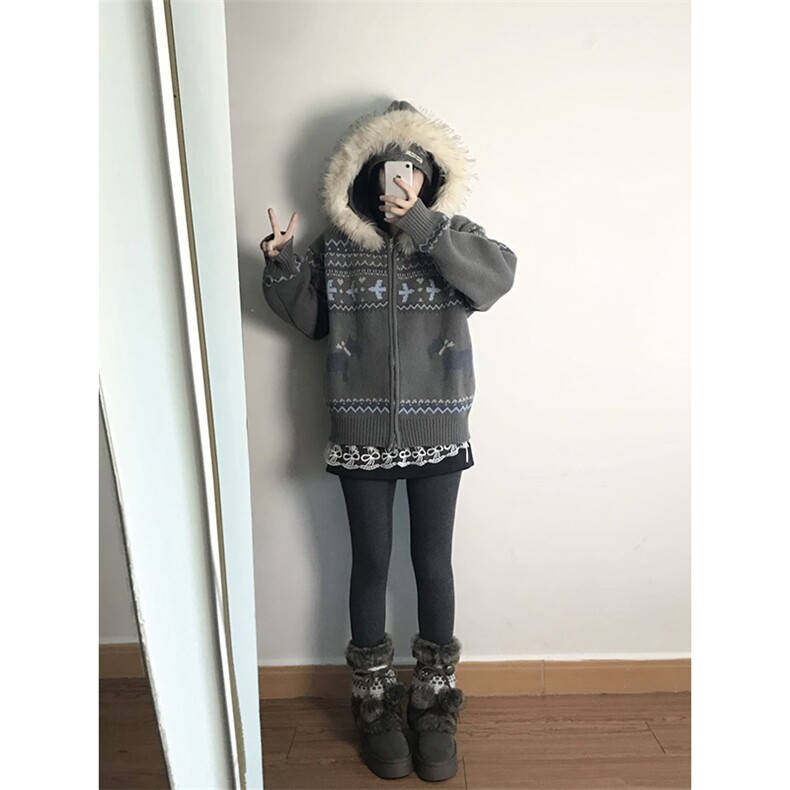 重磅北极绒座山雕毛衣外套冬美式复古休闲慵懒风大毛毛领针织开衫,男装针织衫/毛衣,电商A486-1