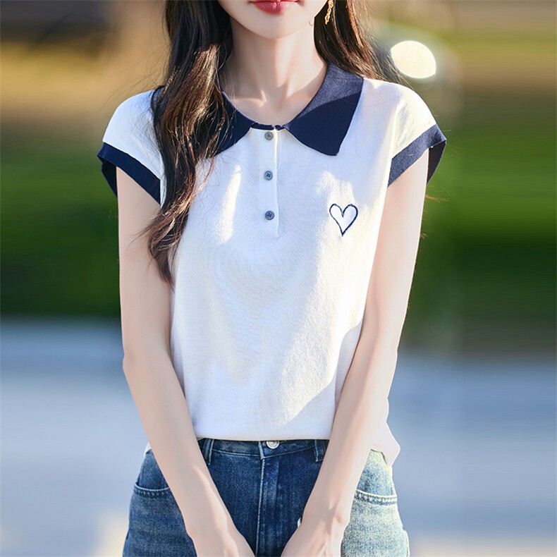 2025夏季翻领冰丝短袖T恤女时尚刺绣拼色薄款POLO领飞袖百搭上衣,女装T恤,思牵羊绒