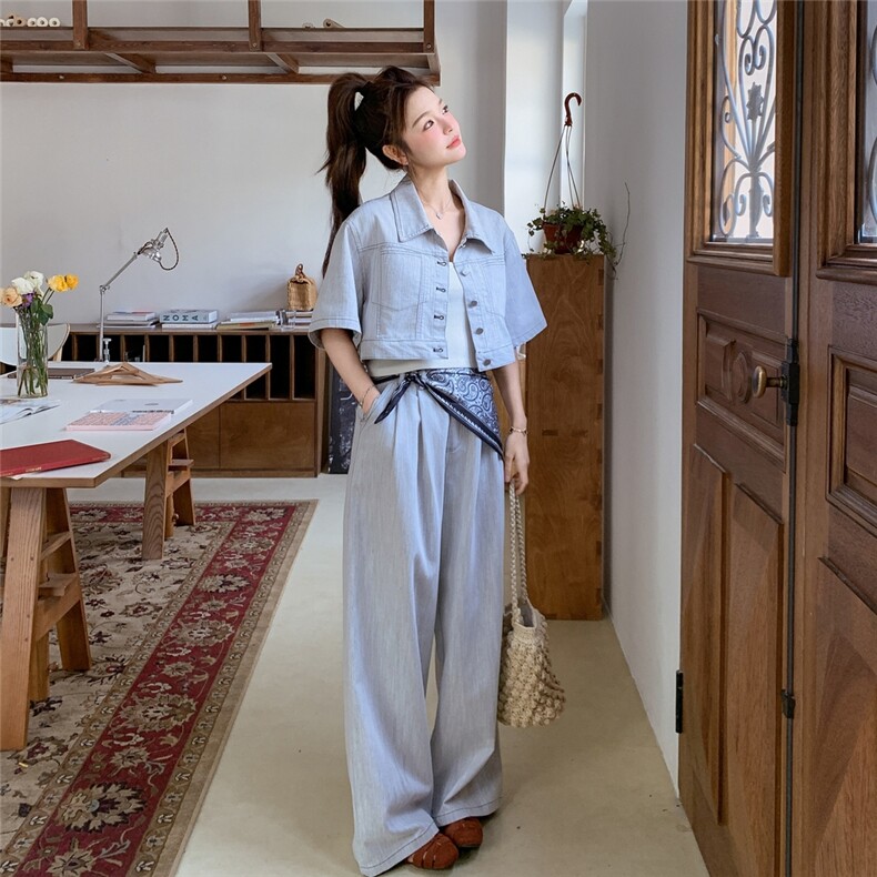 酷盐系休闲牛仔套装女2025夏新款时尚短款外套阔腿裤小个子两件套,女装套装/套裙,2C305