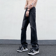 B221美式ins高街暗黑小众拉链破洞牛仔裤LK23076-P65控88，男装牛仔裤，电商B221