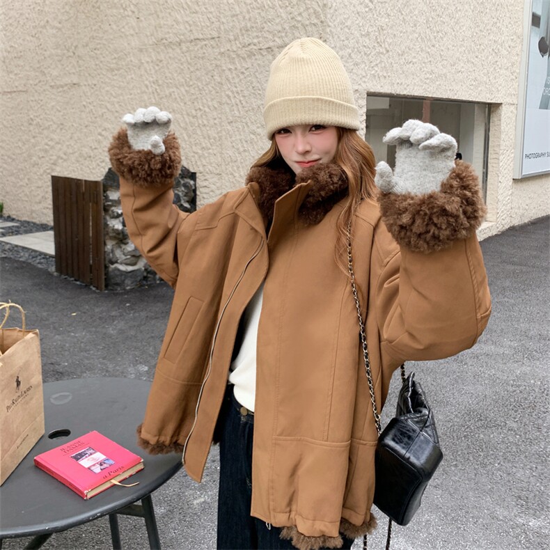 咖色立领短款派克棉服外套女冬超火好看加绒加厚皮毛一体工装夹克图片