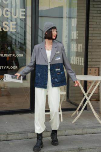 新款牛仔拼接带标西装，女装西装，C&B