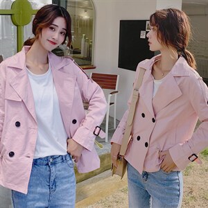 时尚舒适短款双排扣大翻领风衣简约修身百搭潮流淑女年轻款，女装风衣，琦鑫阁（原依鑫阁）