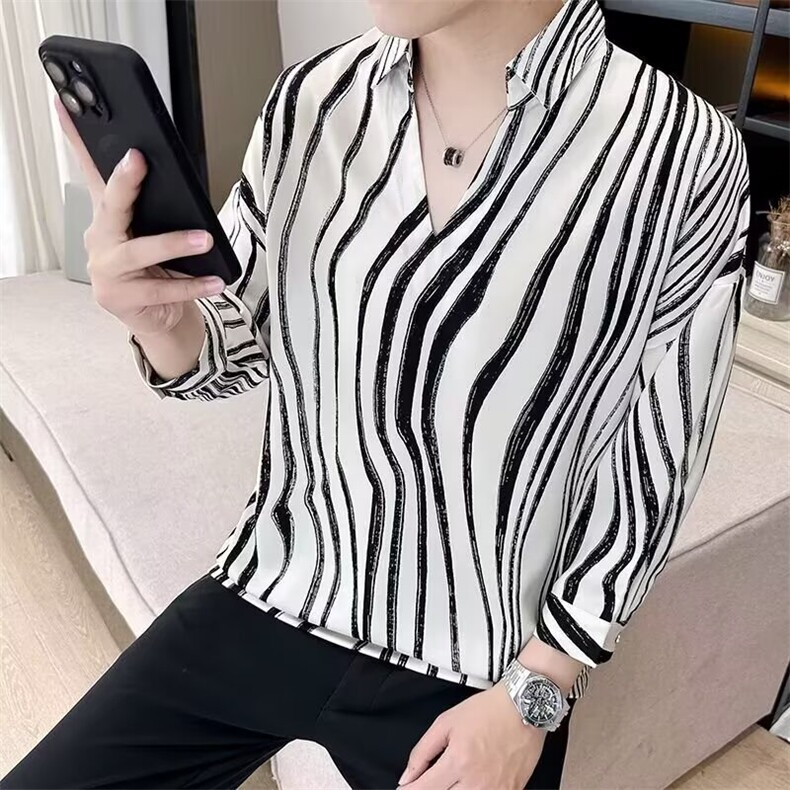V领polo衫男痞帅衬衫短袖夏季冰丝男装2025新款夏装男式七分袖t恤图片