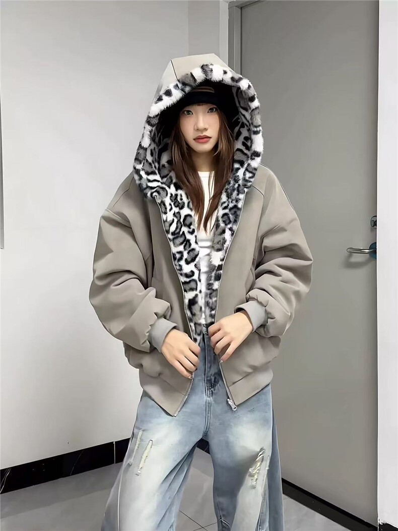 网图棕色双面穿豹纹棉服男女冬季加绒加厚座山雕外套PU皮,男装棉衣,电商C307
