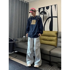 藏青色刺绣圆领卫衣男春秋季ootd穿搭高级感美式复古全棉长袖t恤，男装T恤，星座506A