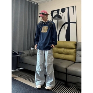 藏青色刺绣圆领卫衣男春秋季ootd穿搭高级感美式复古全棉长袖t恤图片