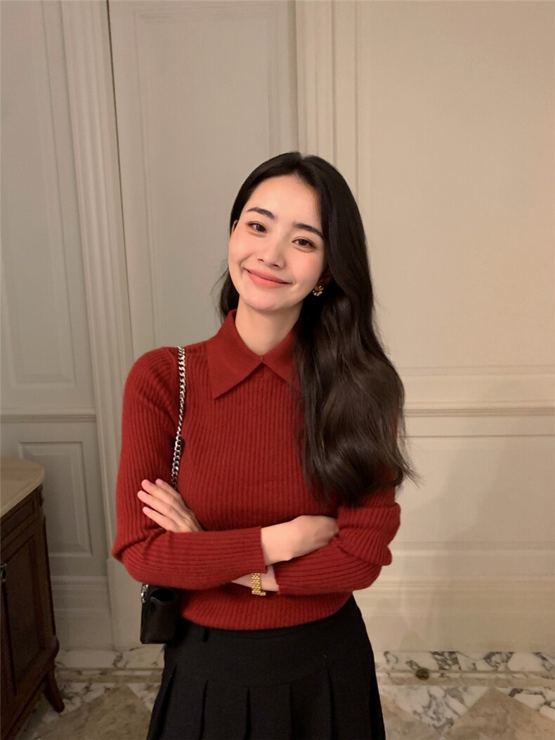 秋冬新款polo领女修身套头纯色上衣针织衫图片
