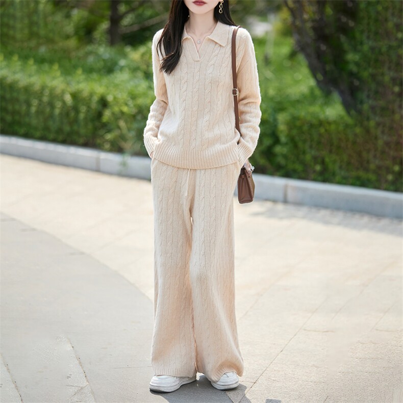 2025百搭时尚简约翻领抽条麻花羊毛套装羊毛衫，女装羊毛衫，哲奥羊绒
