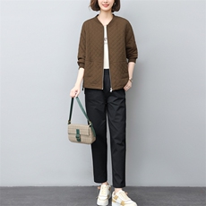 春秋新款时尚两件套女休闲宽松格子棒球服开衫休闲裤中老年妈妈装，女装套装/套裙，璐依舞