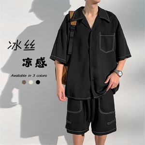 特批P55无差价夏季冰丝短袖衬衫短裤男复古透气休闲两件套装TZ092图片