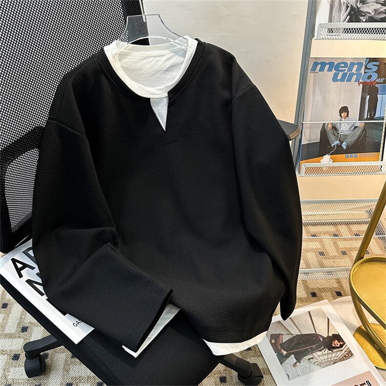 小众设计感假两件V领卫衣男华夫格早秋长袖t恤基础款打底内搭上,男装T恤,星座505-2（原电商A260-1)