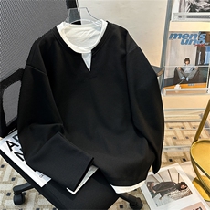 小众设计感假两件V领卫衣男华夫格早秋长袖t恤基础款打底内搭上，男装T恤，星座505-2（原电商A260-1)
